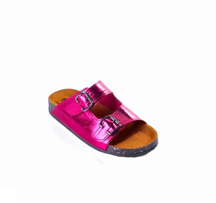 "Glossy leather slipper with two buckles, suede lining (inside and outside), flexible orthopedic sole, and treated accessory."