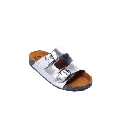 Shiny leather slipper, 2 buckles, suede lining inside and out, flexible medical sole, treated accessory
