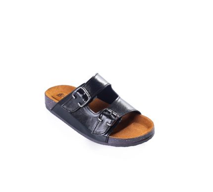 "Glossy leather slipper with two buckles, suede lining (inside and outside), flexible orthopedic sole, and treated accessory."